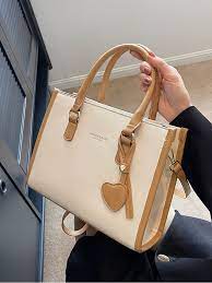 Women's solid color handbag Pu leather purse Fashion large capacity splicing tote shoulder bag Commuter color contrast advanced